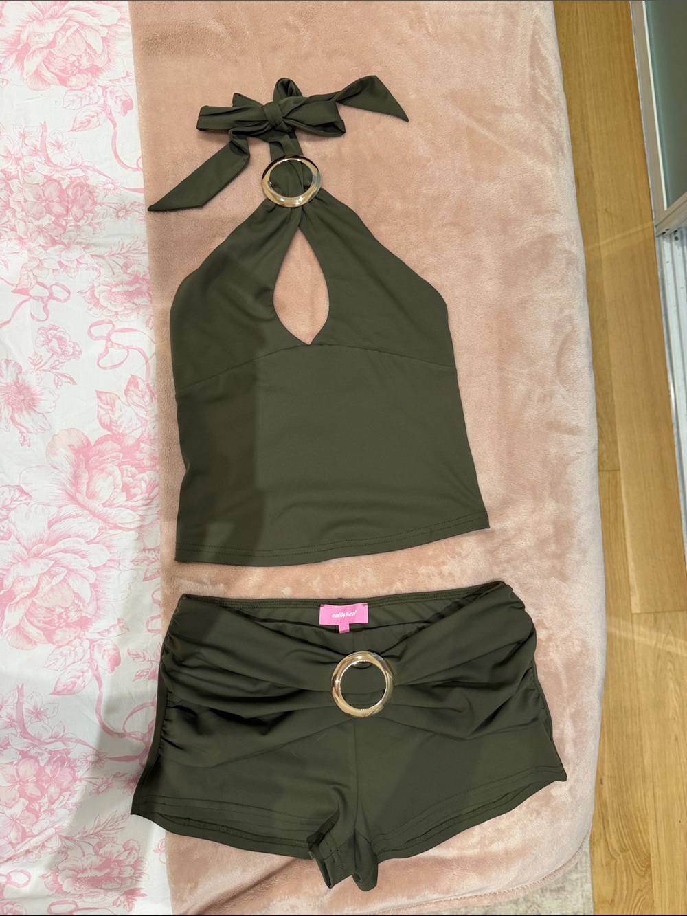 Edikted Olive Halter Ring-Accent Shorts Set